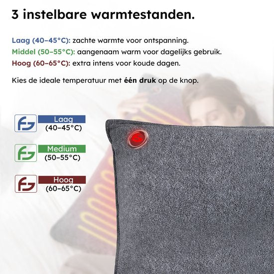Coussin chauffant - 3 niveaux de chaleur - Coussin chauffant rechargeable - 10k mAh Powerbank - Sans fil - Coussin chauffant - 45x60 - Gris original - Saaf Comfort