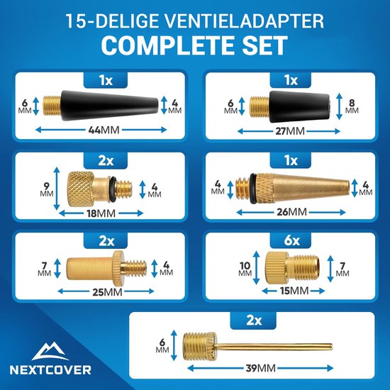 Nextcover® Profi Bicycle Valve Adapter Set [15-piece] I Convient à toutes les valves I Adaptateur pour valve française pour pompe à vélo et compresseur I Adaptateur de valve de vélo I Adaptateur de valve I Valve de voiture I Valve de vélo