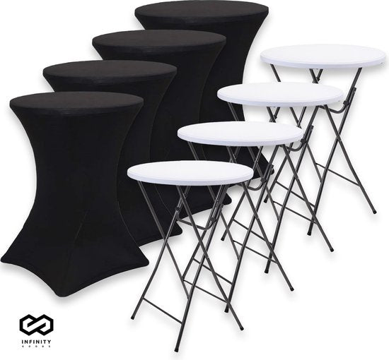 Infinity Goods 4x Stevige Statafel + 4x Zwarte Statafelrok - Partytafel - Robuust en Weersbestendig - Inklapbaar - 80cm x 110cm - Feest - Wit/Grijs