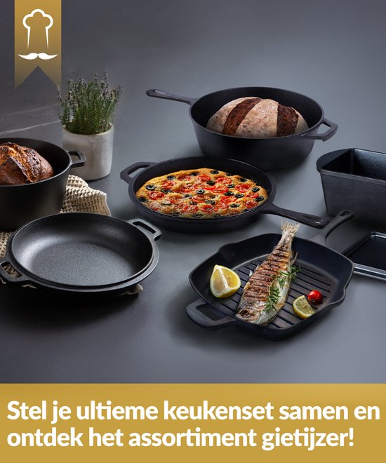 Poêle à griller en fonte Chefarone – 25,5 cm – Compatible induction, gaz, four et barbecue – Poêle à griller carrée à rainures – Sillons de cuisson parfaits et répartition optimale de la chaleur – Poêle avec poignée