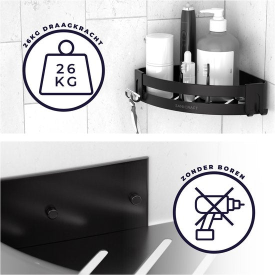 Sanicraft® - Support de douche - Tablette de douche sans perçage - Convient à tout type de mur - Support de douche suspendu - Tablette de douche noire - Tablette de douche - Inox - 2 pièces