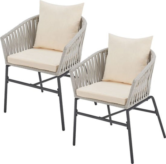 2 Chaises de jardin avec filet en corde - Gris clair - Coussins d'assise et de dossier inclus