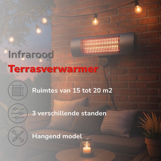 Chauffage infrarouge suspendu Alpina - Chauffage de terrasse 2000 W, 3 niveaux de chaleur - Chauffage de terrasse résistant aux éclaboussures IP34 avec panneau infrarouge - Chauffage de terrasse