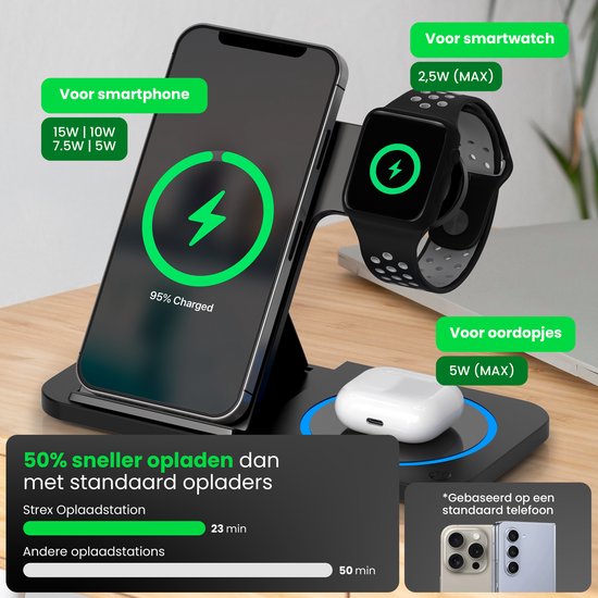 Strex 3-in-1 Wireless Charger - Station de charge - Chargement rapide 15W - Pliable - Convient pour iOS & Android, Apple Watch, AirPods et écouteurs sans fil - Noir