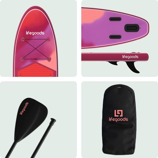 LifeGoods SUP Board All-round Compact - 100 KG Load Capacity - 300 x 76 cm - Inflatable - Complete SUP Package - Red/Lilac