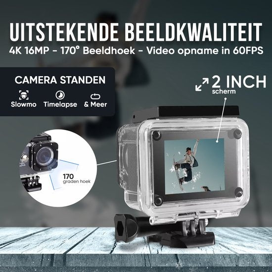 Strex Action Camera 4K 16MP - 60FPS / 30M Waterproof / WiFi - Accessoires inclus - Caméra d'action - Caméra sous-marine