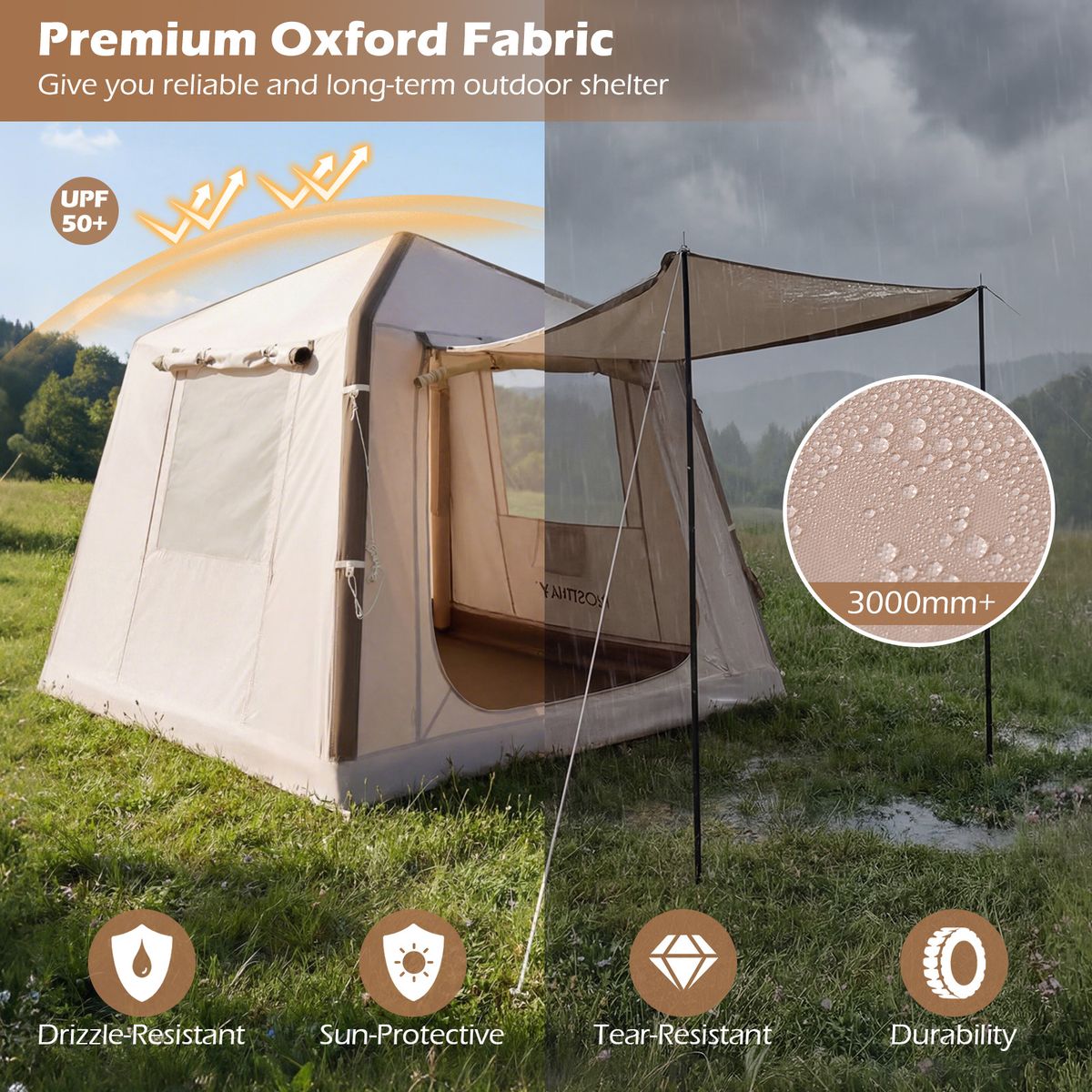 Tente de camping gonflable Coast - 2 à 4 personnes - Pompe et sac de transport inclus - Kaki - 210 x 210 x 180 cm