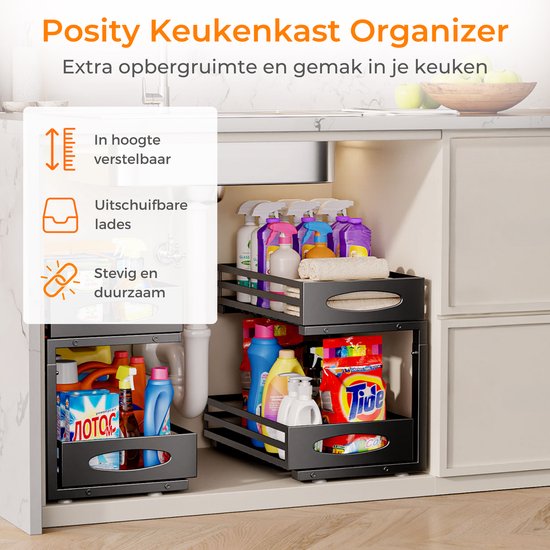Posity Rangement pour armoire de cuisine - Rangement pour évier - Rangement pour comptoir - Support de rangement - Rangement pour salle de bain - Support de cuisine - Extensible - Métal - Noir