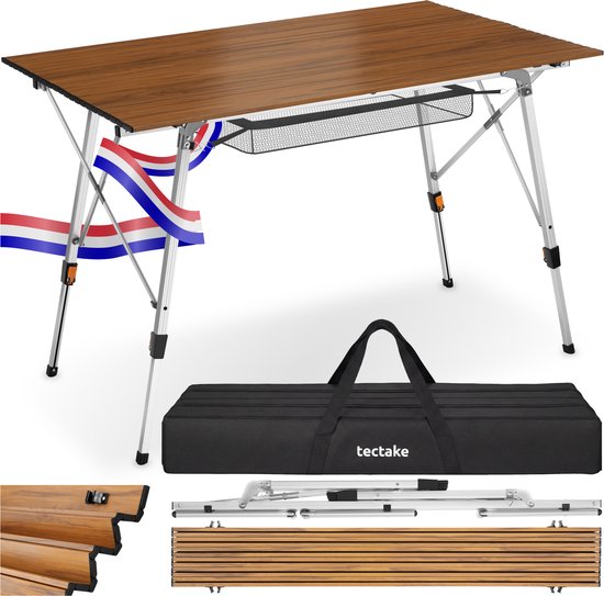 Table de camping tectake® - 120 x 70,5 x 58 - 79 cm - Table pliante en aluminium - Plateau XXL enroulable - Table pliante - Table de voyage - Table de jardin - Résistante aux intempéries - Réglable en hauteur - Sac de transport - Pliable - Aspect bois
