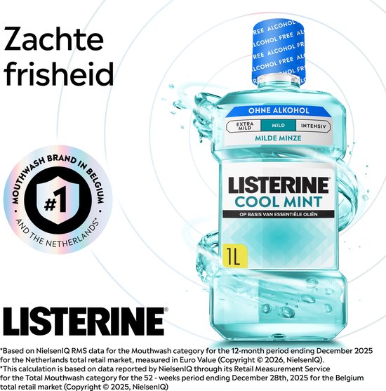 Bain de bouche Listerine Cool Mint Mild, aux huiles essentielles, contre la mauvaise haleine et la plaque dentaire, au goût de menthe doux, 1 L