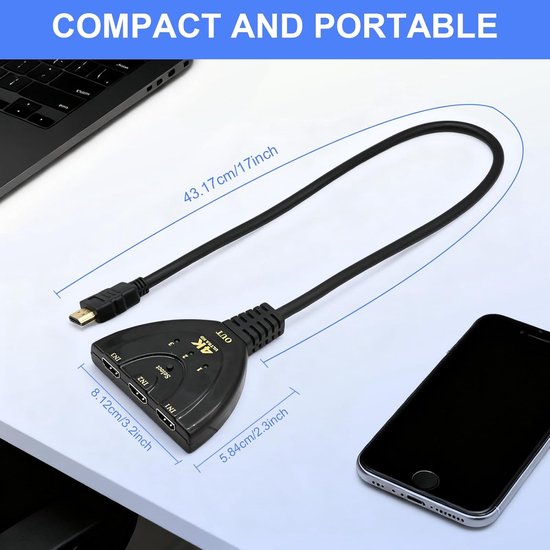 Répartiteur HDMI - Commutateur HDMI - 4K Ultra HD - 3 entrées - 1 sortie - Répartiteur HDMI - Haute vitesse, 3 ports - Répartiteur 3-en-1 - compatible avec les téléviseurs, PC, Roku, Fire TV Stick, Xbox, PS5, PS4, lecteurs Blu-Ray, projecteurs et écrans H