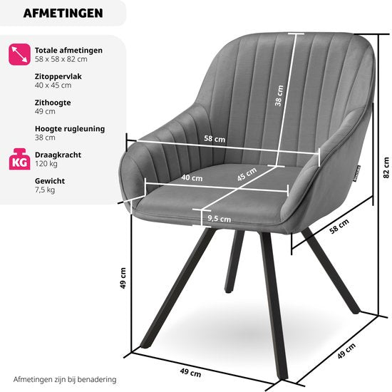 tectake® - Chaise de salle à manger pivotante avec accoudoirs - Chaise ergonomique à coque avec revêtement en velours - Rembourrée - Chaise pivotante pour le salon, la table à manger, le bureau, la coiffeuse et la cuisine - Gris