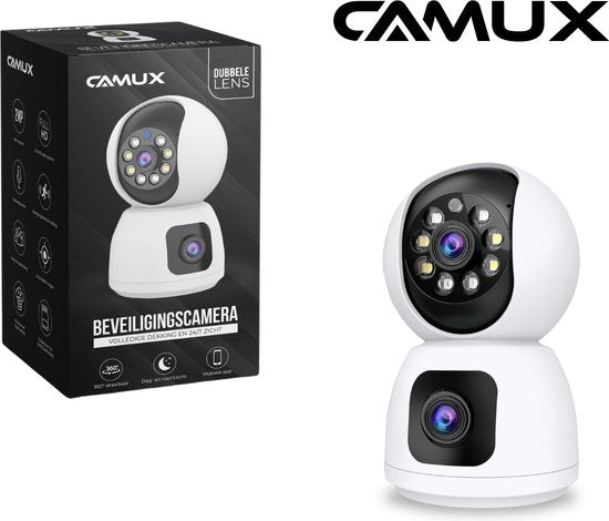 Caméra de sécurité - Camux - Double objectif - Communication audio - Vision nocturne - Blanc