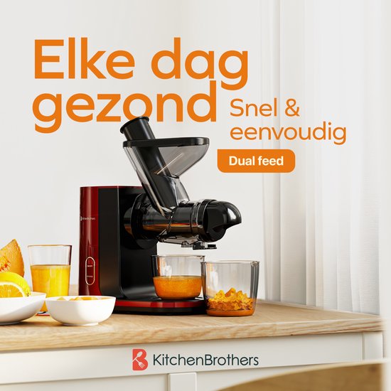 KitchenBrothers Slowjuicer - Presse-agrumes - Presse-légumes et fruits - Alimentation 43 mm et 60 mm - 400 ml - Rouge