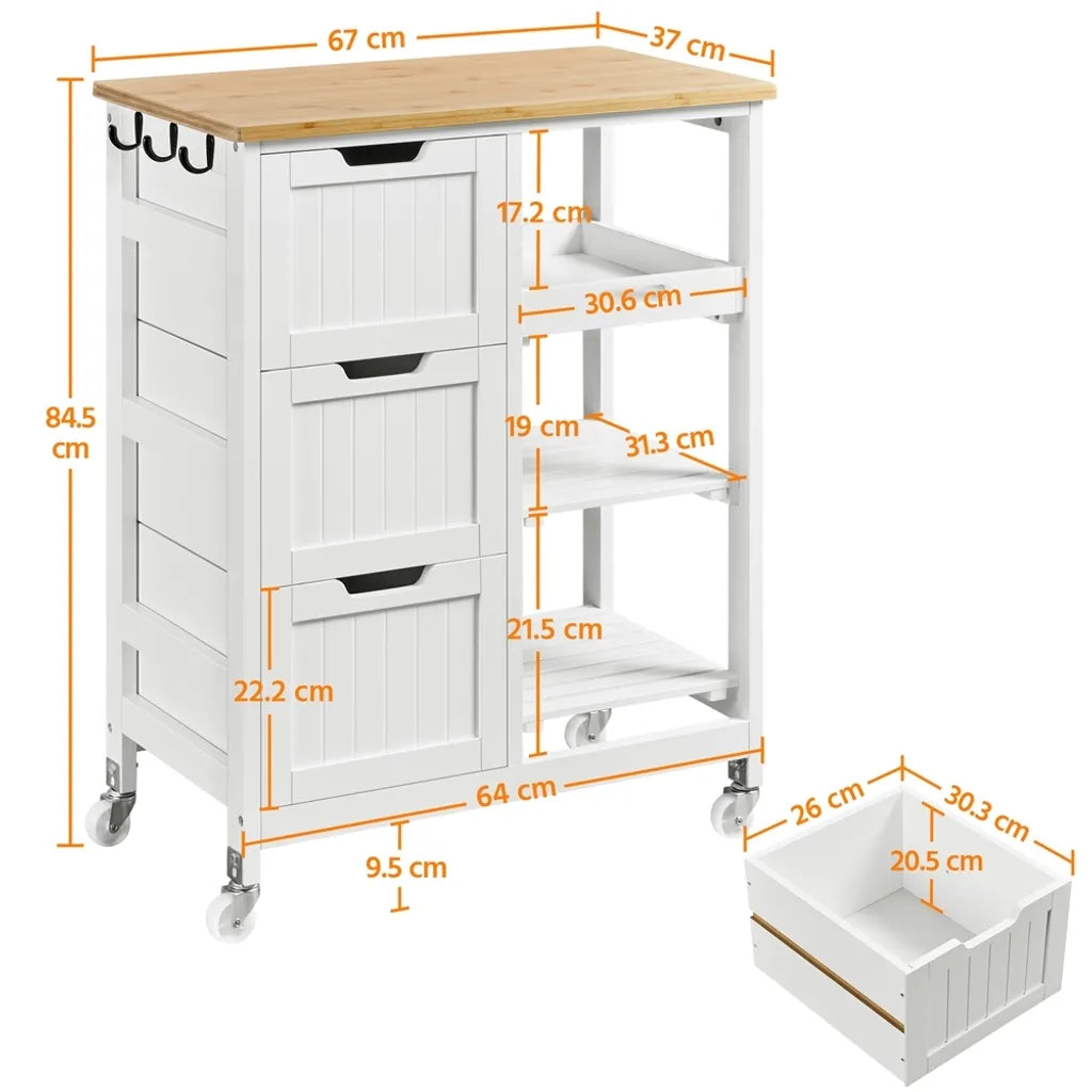 Chariot de cuisine Yaheetech sur roulettes – Blanc/Bambou – 67 x 37 x 84,5 cm – Avec 3 tiroirs et 3 étagères