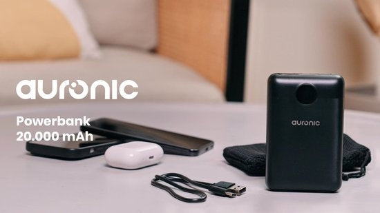 Auronic Powerbank - Chargeur rapide iPhone et Samsung - 20 000 mAh - 22,5W - 3 ports de charge - Chargement rapide via USB-A et USB-C - Noir