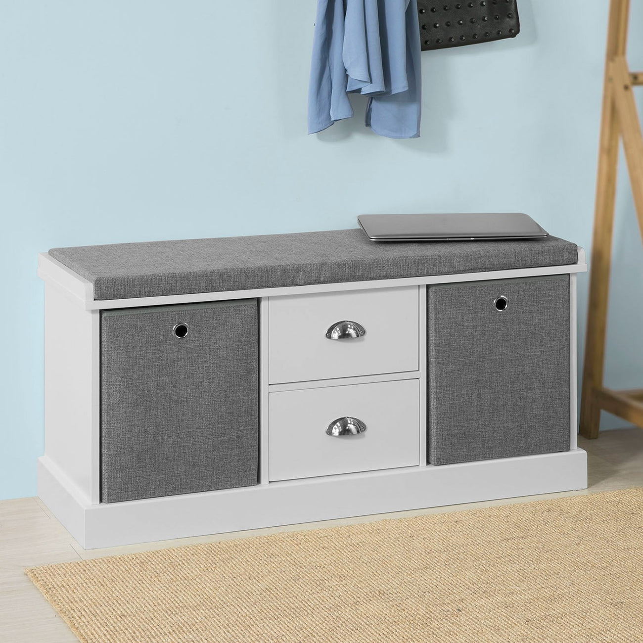 SoBuy FSR66-HG Banc à chaussures avec coussin d'assise - 4 tiroirs - 108 x 20 x 41 cm - Gris/ Anthracite