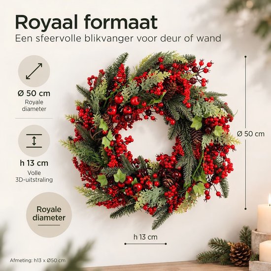 Mica Decorations Norah : couronne de Noël avec des pommes de pin - Décoration de Noël au style traditionnel - Couronne de porte pour le hall d'entrée ou la porte d'entrée - H 13 x Ø 50 cm - Rouge et vert