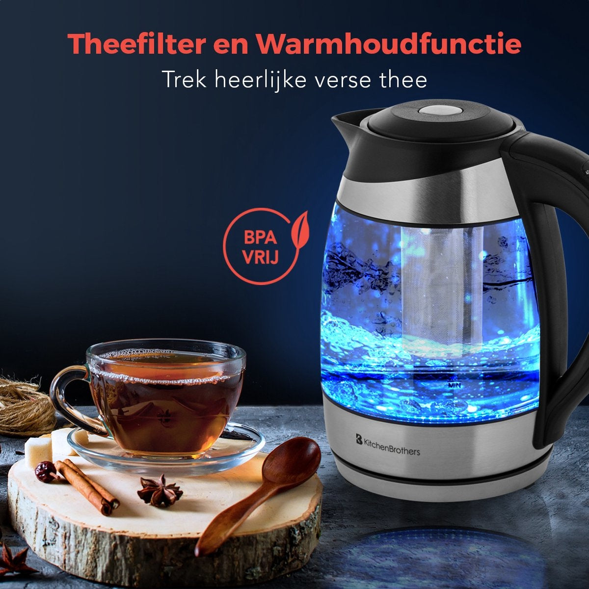 Bouilloire électrique KitchenBrothers - 1,8L - Fonction maintien au chaud - avec filtre à thé - 1,8L - acier inoxydable