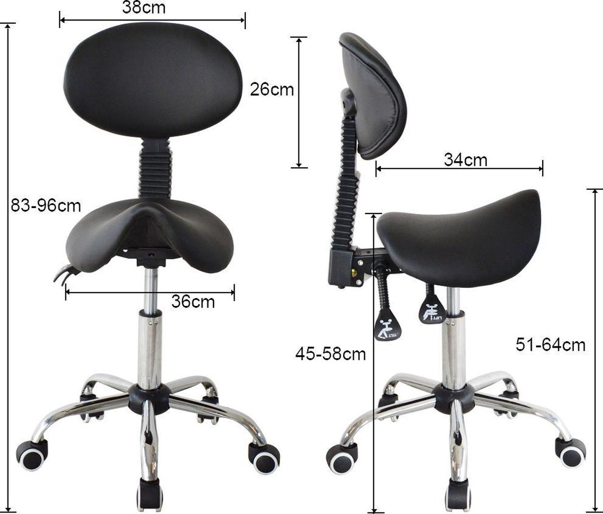 VDD Tabouret de selle - Dossier ergonomique inclinable - Hauteur réglable - 38x36x96cm