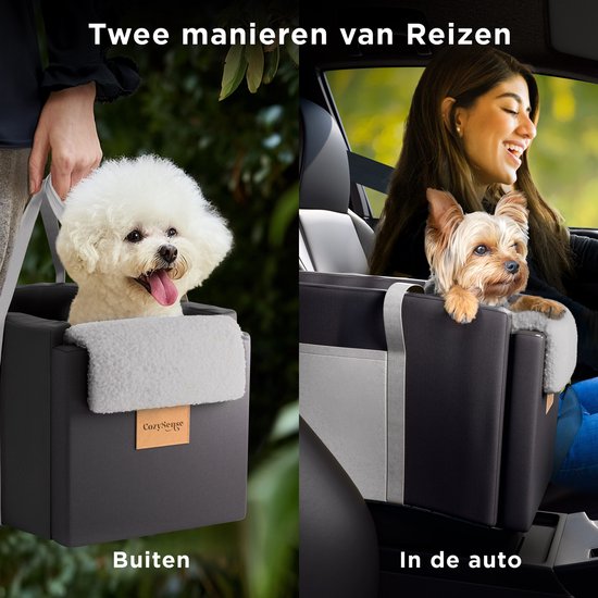 CozySense® Siège auto pour chien - Panier auto pour chien avec housse lavable - Pour petit chien - S'adapte à la console centrale - Sert également de sac de transport - Noir/Gris