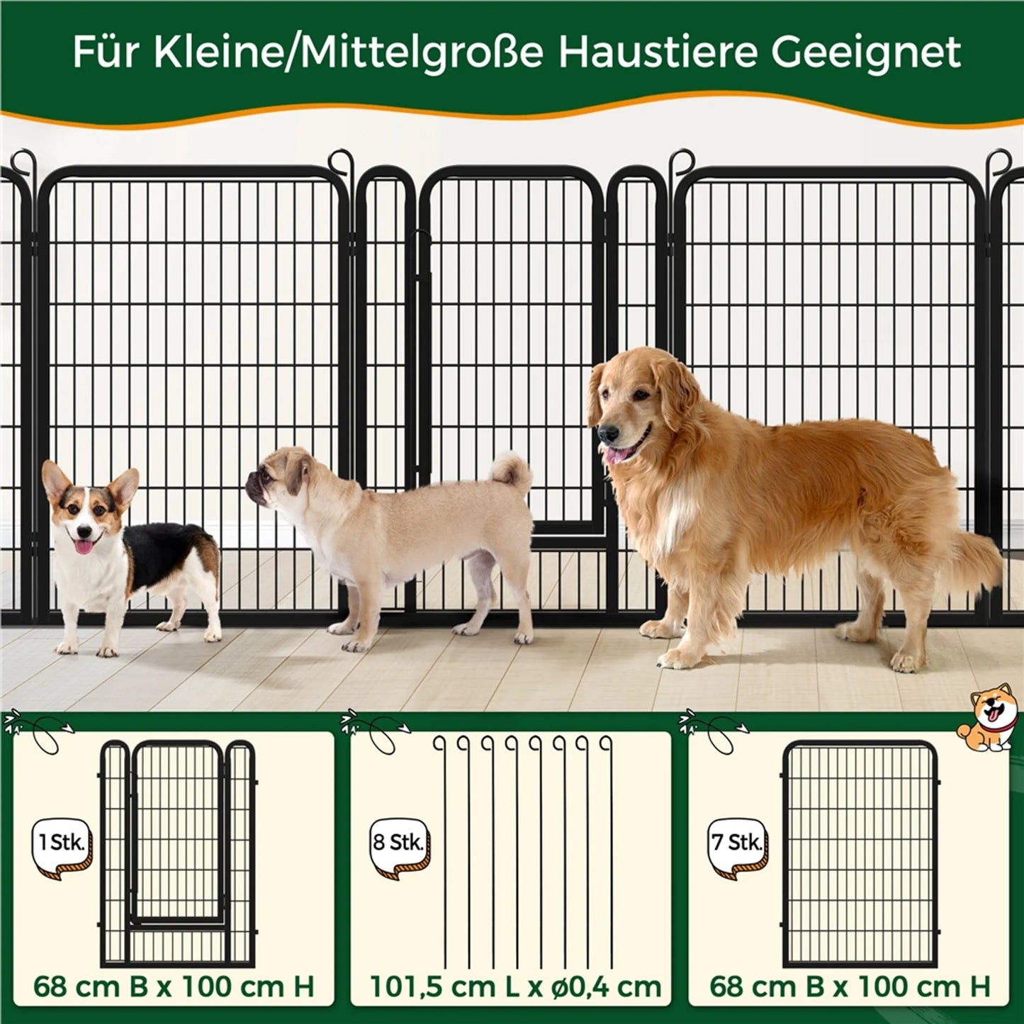 Yaheetech Parc à chiots avec 8 panneaux - équipé d'un verrouillage automatique, de 6 barres transversales par panneau et de 8 piquets de terre - pour chiens, lapins et petits animaux - métal noir - 100 x 68 x 1,5 cm par panneau