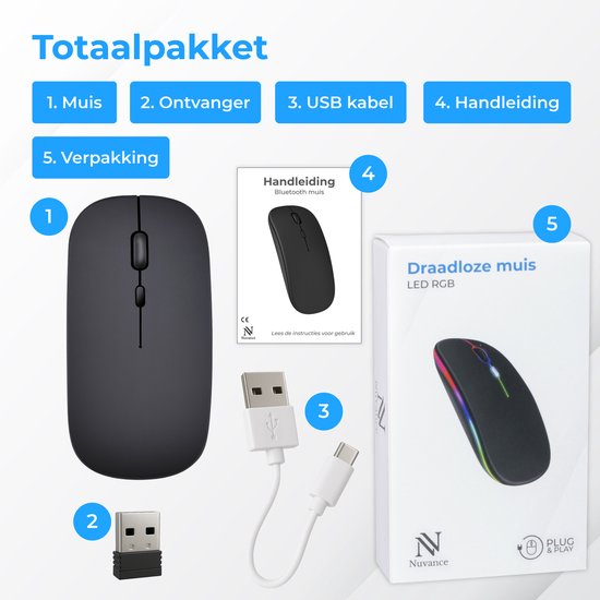 Nuvance Wireless Mouse - Bluetooth - Silent - Laptop & Gaming - Wireless - Computer Mouse - Left & Right Handed - Black