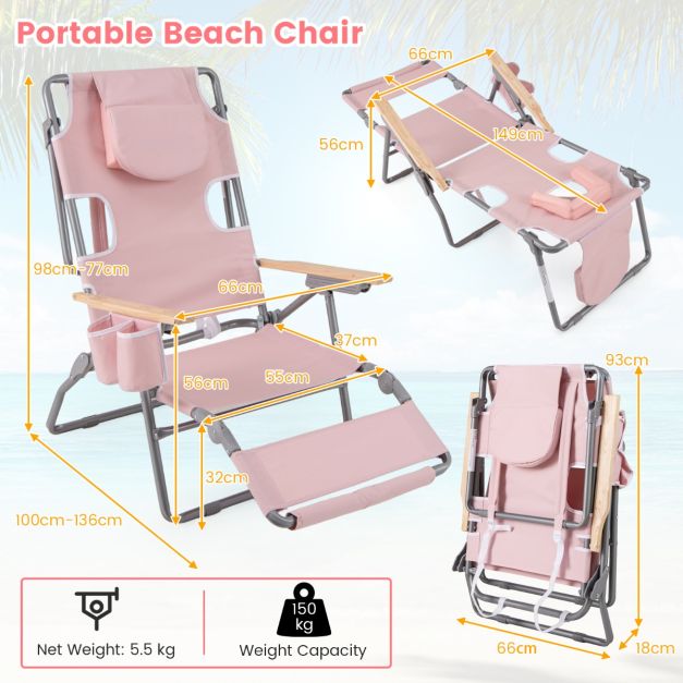 Chaise de plage pliable Coast 66 x 149 x 56 cm - 3-en-1 - Repose-pieds/ouverture au niveau du visage - Rose