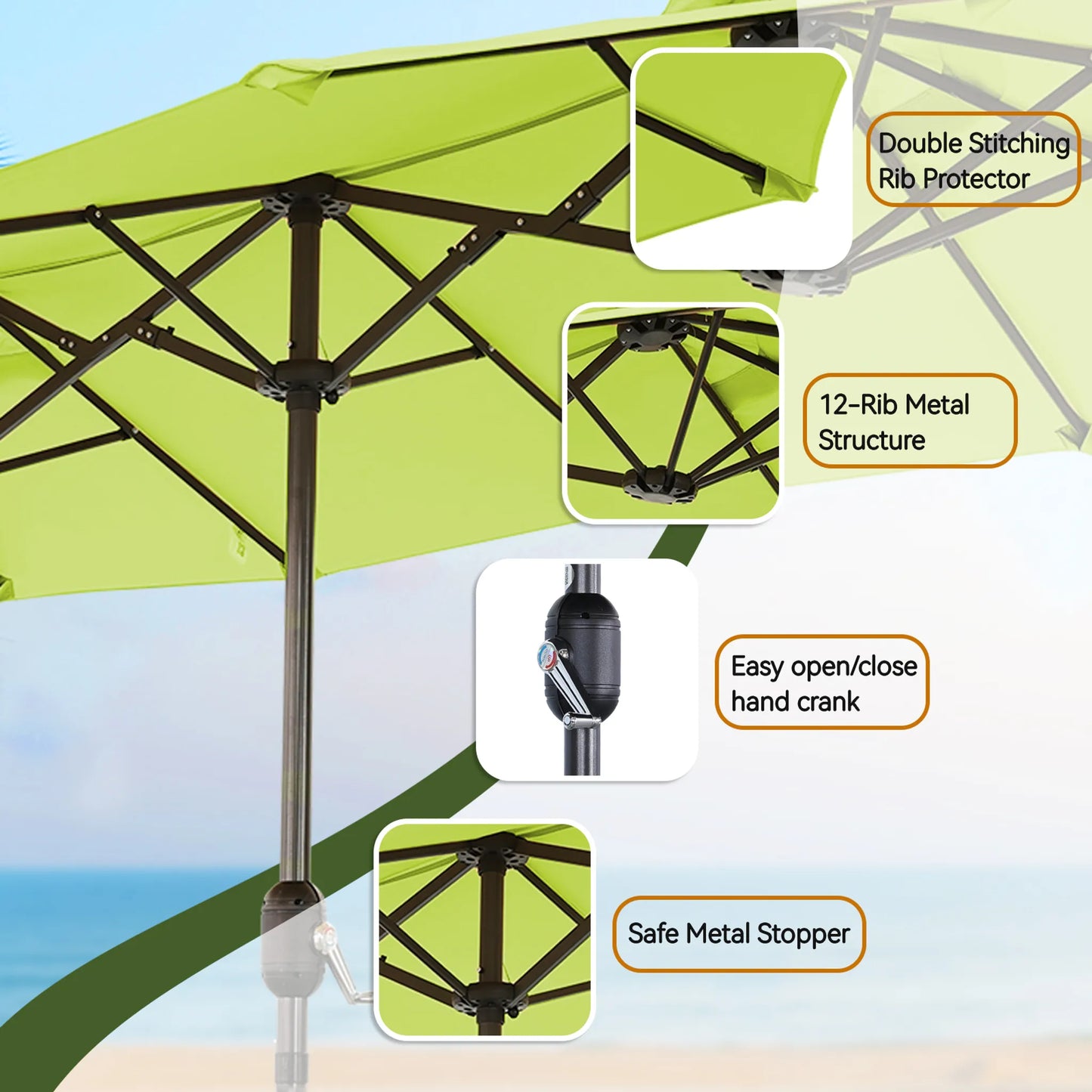 Parasol double Angel Living - 2,97 x 1,53 m - avec manivelle - UPF 50+ - vert pomme