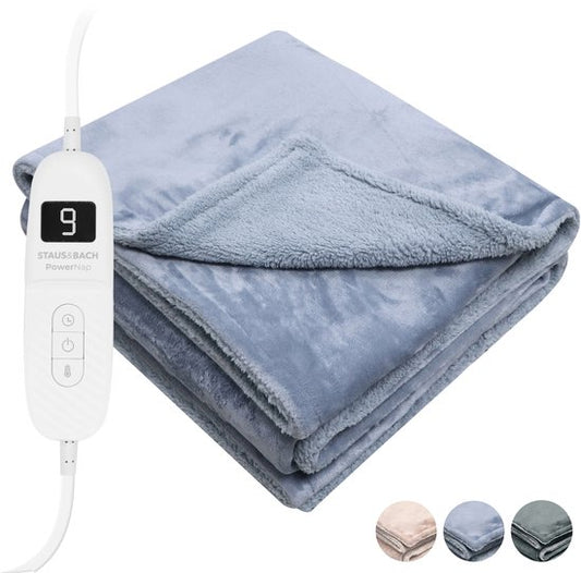 STAUS&BACH Couverture électrique XXL - Couverture supérieure pour 2 personnes - Couverture chauffante double face en polaire Sherpa - Gris bleu - 180x130 cm PowerNap