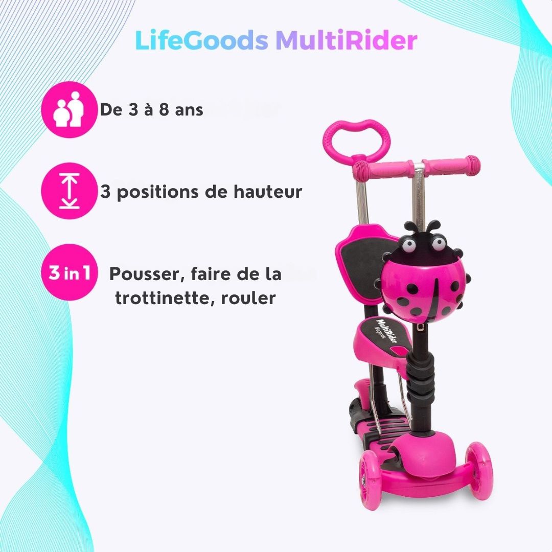 Trottinette enfant LifeGoods - 3 roues lumineuses - 3 -8 ans - Garçons/Filles - Rose