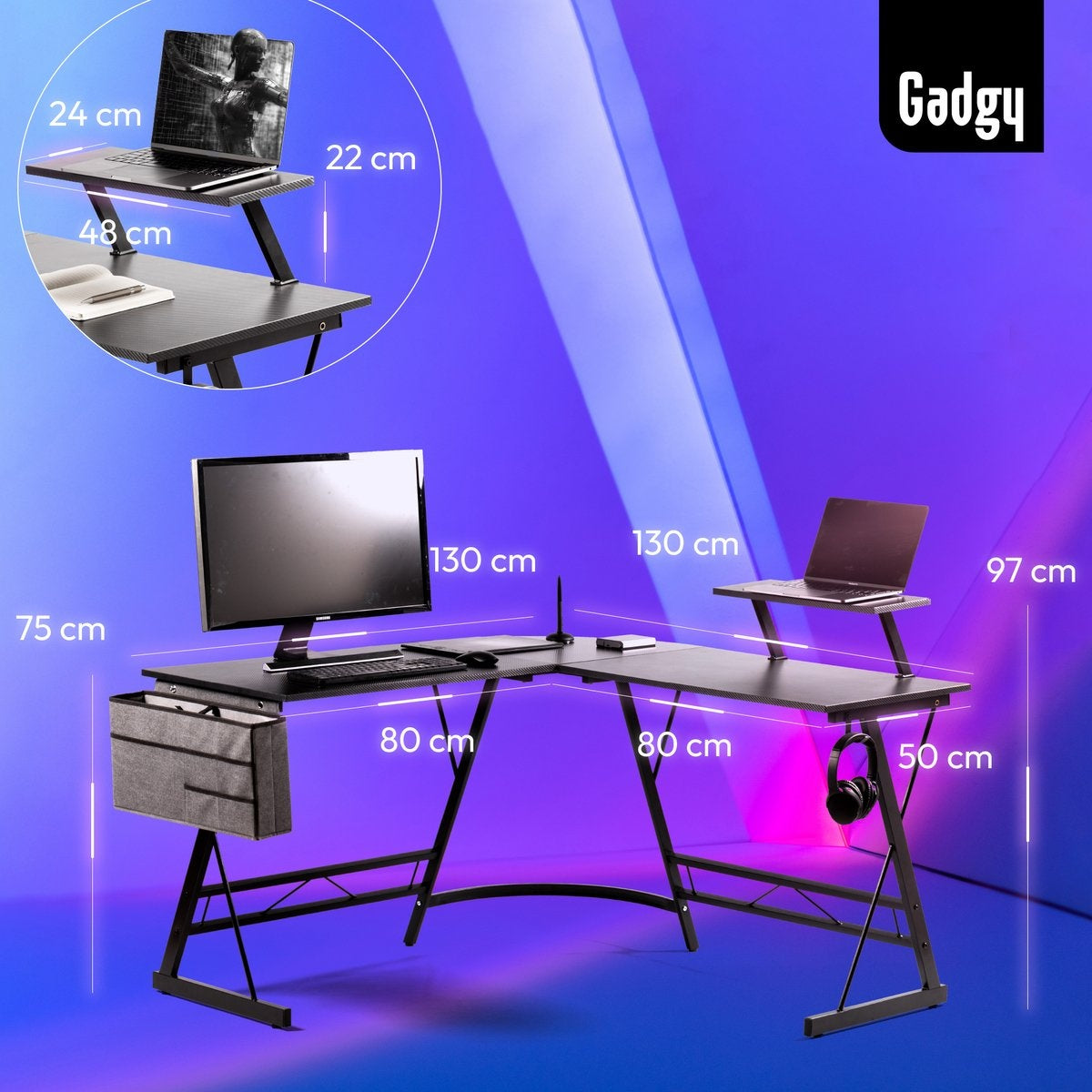 Gadgy Game Desk Carbon PRO - Gaming Corner Desk 130 CM Wide - Gaming Desk with Carbon Details - Gaming Desk L-Shape with Headphone Holder, Screen Raise & Storage Basket - Level Up with Gadgy - Black Carbon