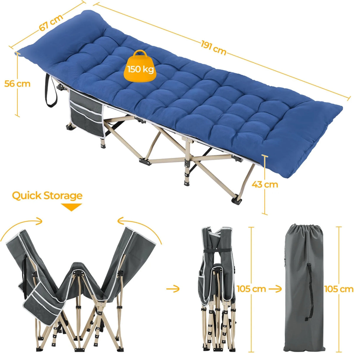 Yaheetech Lit de Camping Pliable 150 kg - Comprend un matelas souple et des compartiments latéraux ainsi qu'un sac de transport - Pour le camping et le bureau - Gris et Bleu 600D Oxford et Métal - 191 x 67 x 56 cm