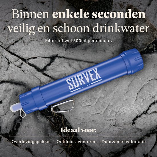 SURVEX Personal Water Filter Straw XL 4000L - Unique KDF-55 Filter - Water Filter Survival & Outdoor - BPA-free - Emergency Kit for Home - Complete Set Water Purifier - Drinking Bottle Water Purification Outdoor - Survival Kit - Blue