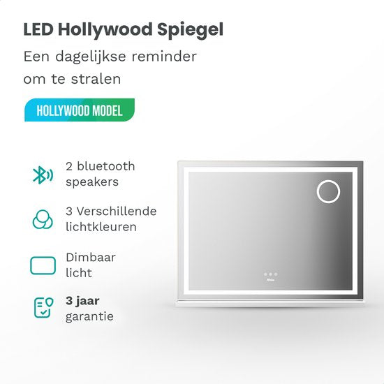 Mirlux Hollywood Mirror 80x60CM - 2 haut-parleurs Bluetooth - ports de charge USB et USB-C - éclairage LED - miroir de maquillage - zoom 10x - suspendu - blanc