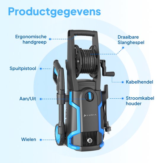 Nettoyeur haute pression Lugia - 135 bars - 1 600 W - 430 L/h - Pack comprenant un nettoyeur de terrasse, une brosse rotative et une buse turbo