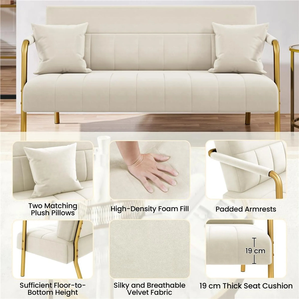 Canapé 2 places rembourré avec accoudoirs et pieds en métal, beige, 143,5 × 71,5 × 75,5 cm