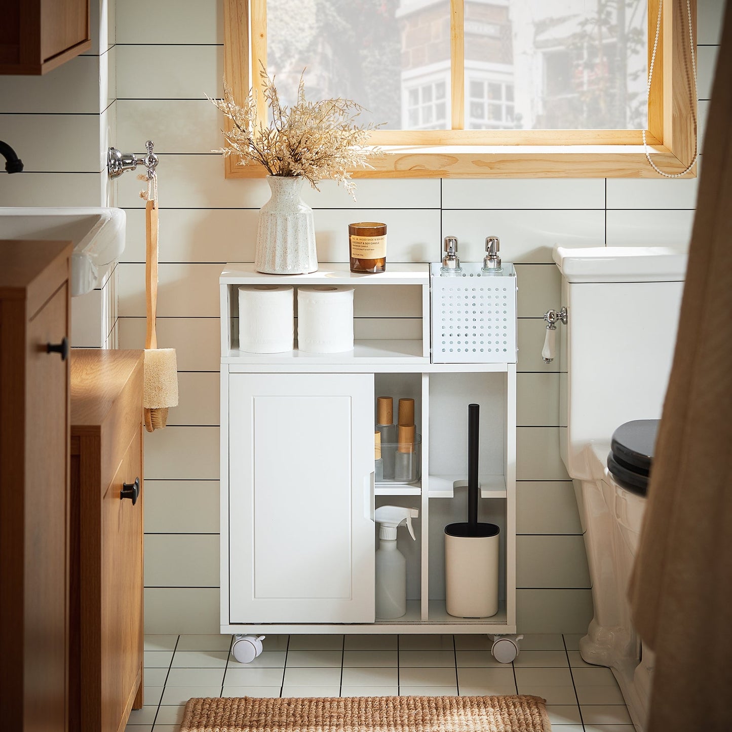 SoBuy Meuble de salle de bain à roulettes - étroit - 69 x 52 x 17 cm - blanc