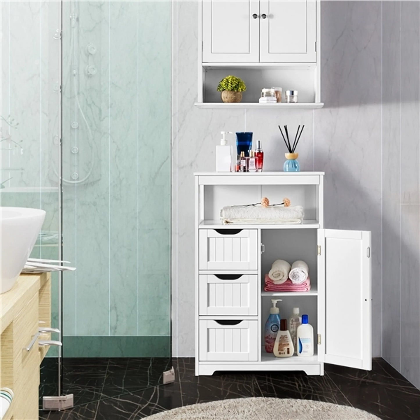 Yaheetech Meuble de salle de bain blanc - 3 tiroirs et meuble avec étagère réglable et rangement ouvert - Pour salon et chambre - Mdf blanc et métal - 55.5 x 29.5 x 86.5 cm