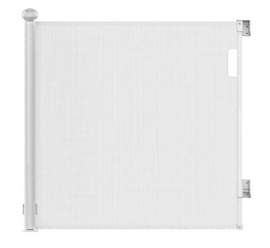 Vulpes Goods® - Porte d'escalier enroulable - 145 x 84 cm - équipée d'une sécurité enfant Push-En-Lock, d'un indicateur de couleur et d'une commande à une main - pour les enfants et les animaux domestiques - plastique blanc et grillage