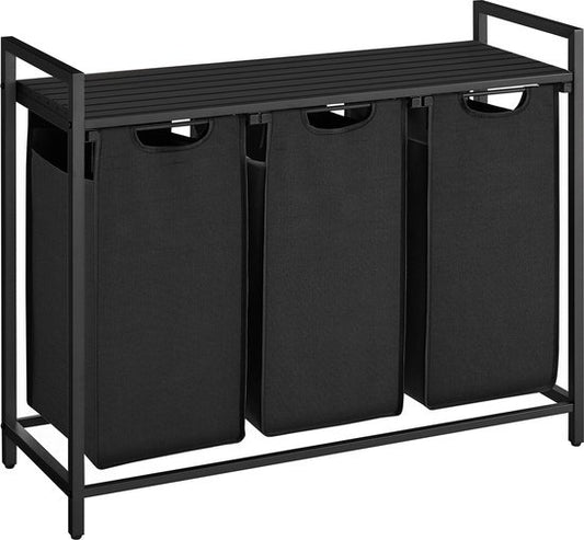 O'DADDY® Panier à linge 3 compartiments - trieur de linge - extensible avec étagère - 92.5 x 33 x 71 cm - panier à linge - 114L divisé en 3 poches - paniers à linge - panier à linge métal noir - gris foncé