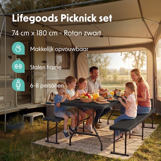 LifeGoods Set de pique-nique pliable - 180cm x 74cm - Table de jardin avec 2 bancs - Résistant aux intempéries - Table de camping - Table à bière pliable - Pour l'intérieur et l'extérieur - Pour 6 à 8 personnes - Rotin Noir