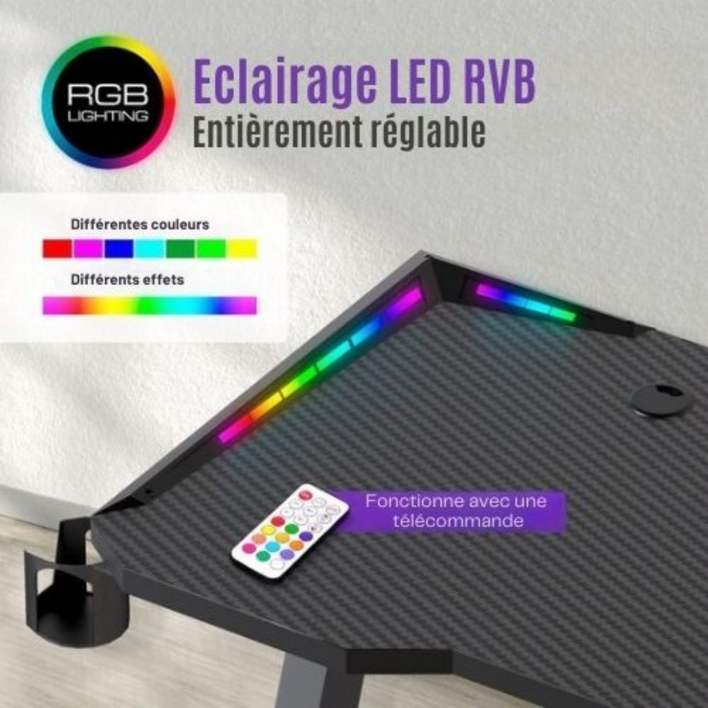 Bureau de gaming - Avalo - 140x60x73 CM - Éclairage LED Intégré - Noir