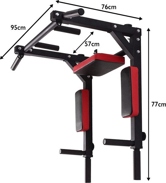 Zoluko Professional Dip & Pull Up Bar Wall Mount - Capacité de charge de 200kg - Dip Station - Including E-book - Easy Mounting - 2 in 1 Pull Up Station and Dip Station for Home Sports - Pull Up Bar Fitness - Dip Bars - Chin Up Bar - Black/Red