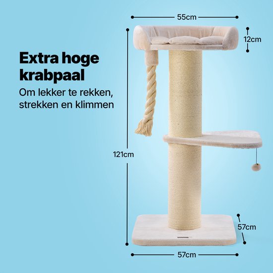 Jake et Jacky : Arbre à chat pour grands chats avec panier - Avec corde à jouer - Avec marchepied - Naturel/Crème - 57 x 57 x 121 cm - Ø de l'arbre à chat : 20 cm