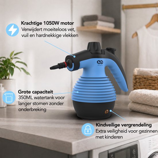 Nettoyeur vapeur Infinity Goods - Nettoyeur vapeur à main 12-en-1 - Nettoyeur vapeur à main - Détachant - Nettoyeur de tapis - 10 embouts - 1 050 watts - 3,2 bars - Bleu