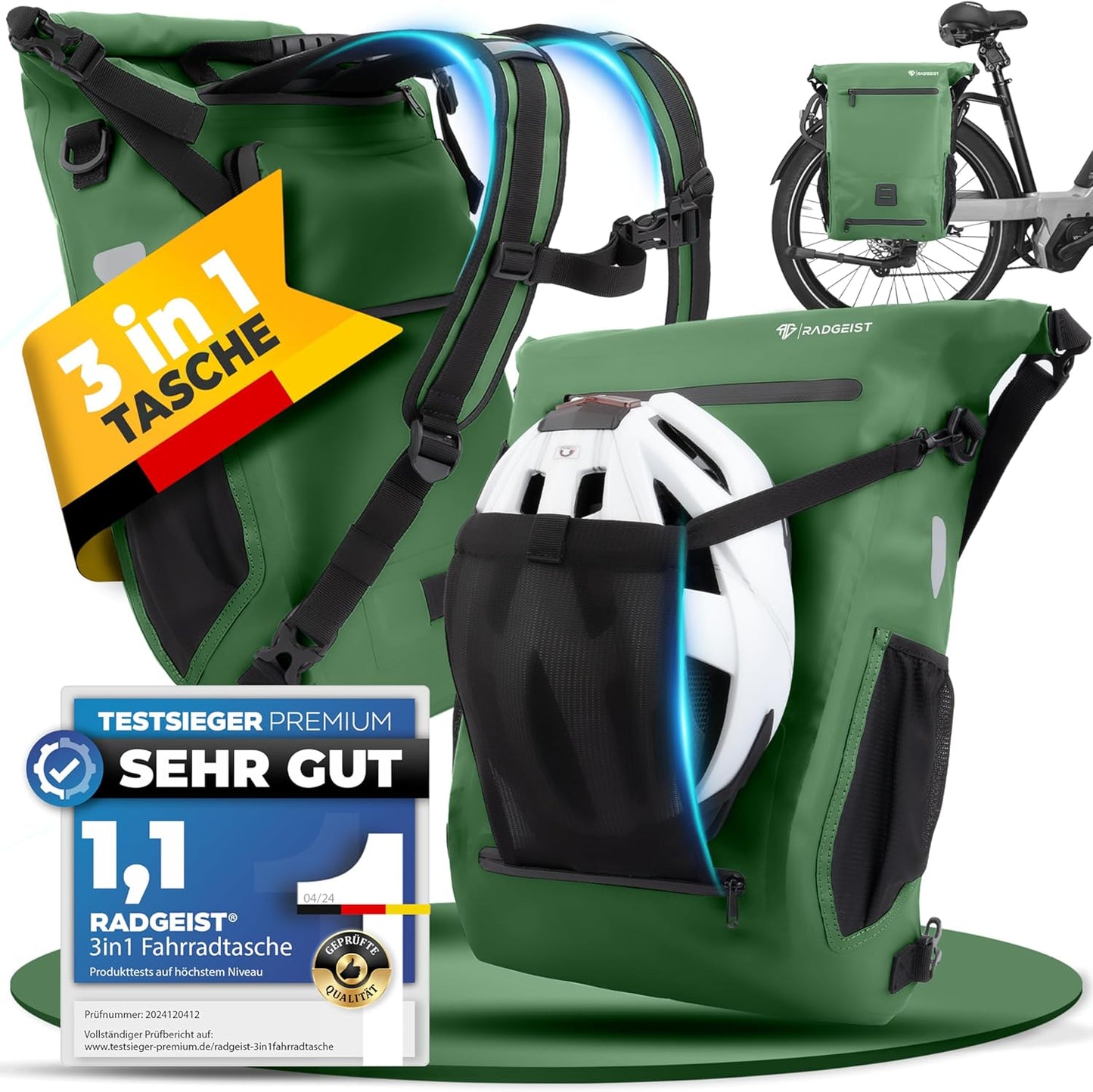 RADGEIST 3in1 bike bag for carrier I sac à vélo, sac à dos et sac à bandoulière 18-22L I sac à vélo 100% étanche vert