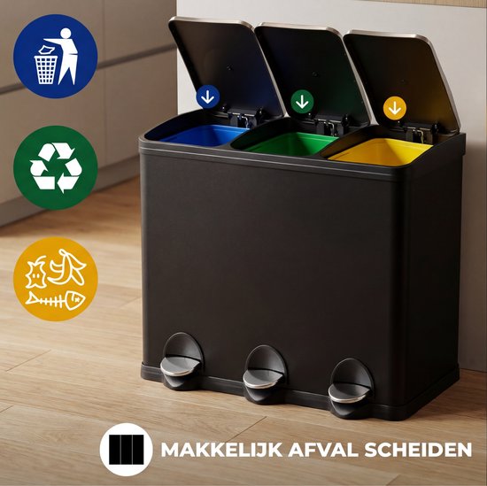 Bayt Poubelle - Poubelle à pédale 45 litres - Poubelle 45 litres - Poubelle 45 litres - Séparation des déchets - Poubelle 3 compartiments - 3x15 litres - Poubelle - inox - Noir