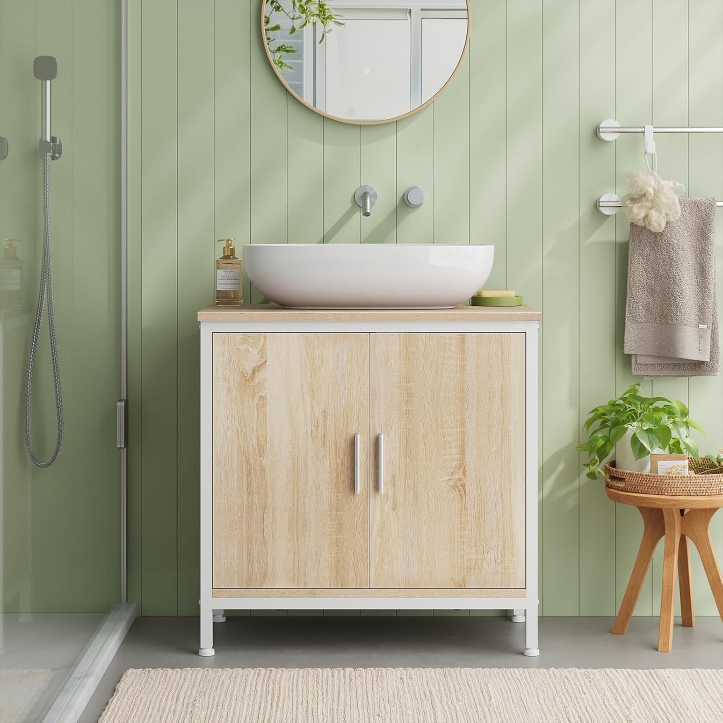 Meuble sous-lavabo EUGAD - 60 x 60 x 30 cm - blanc et chêne clair - avec cloison de séparation réglable