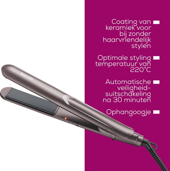 Fer à lisser Beurer HS 15 - Appareil de coiffure - Chauffage rapide - Revêtement en céramique - Charnière pivotante à 360° - Verrouillage des plaques - Garantie de 3 ans